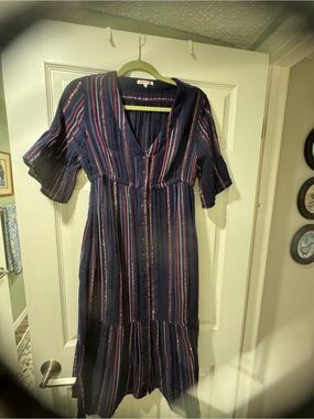 Sundry Navy Striped Button-Front Midi Dress